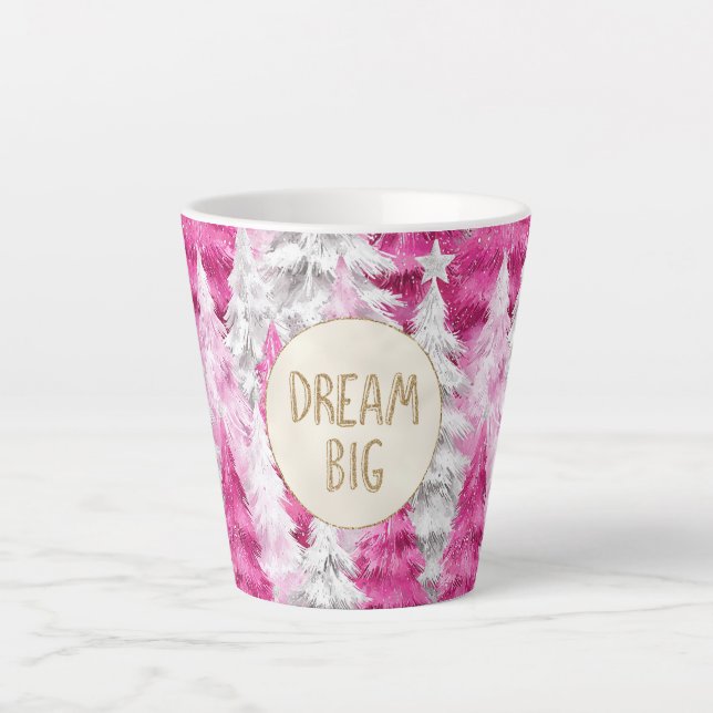 Pink White Christmas Trees Gold Glitzer Dream Milchtasse (Vorderseite)