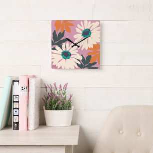 Pink White Color Pop Läsist Artistic Floral Quadratische Wanduhr