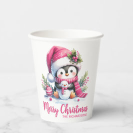 Pink White Custom Niedlich Pinguin Frohe Weihnacht Pappbecher