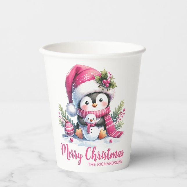 Pink White Custom Niedlich Pinguin Frohe Weihnacht Pappbecher (Vorderseite)