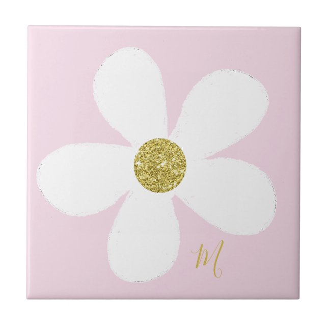 Pink White Daisy Simple Floral Gold Personal Fliese (Vorderseite)