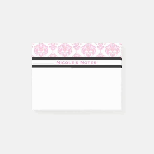 Pink & White Damask Muster Modernes Personalisiert Post-it Klebezettel (Vorderseite)