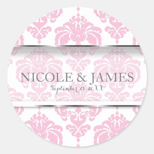 Pink & White Damask Vintage Hochzeitsfeier Gefalle Runder Aufkleber (Vorderseite)