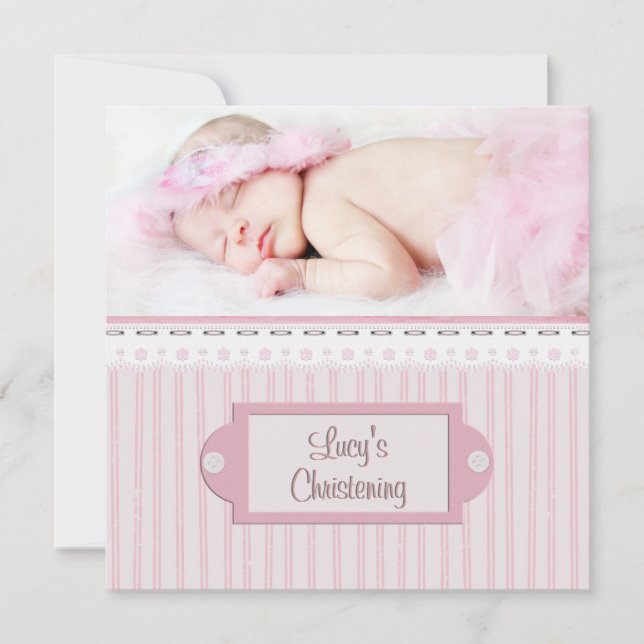 Pink White Eyelet Girl Foto Taufe Christening Einladung (Vorderseite)