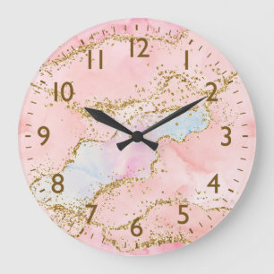 Pink & White & Faux-Gold-Glitter-Achat-Monogramm Große Wanduhr