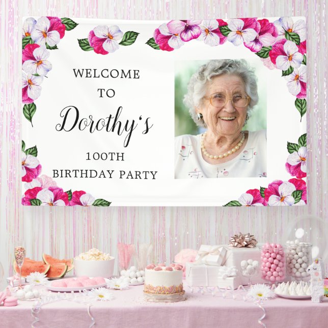 Pink White Floral 100. Geburtstag Willkommen Banner (Party)