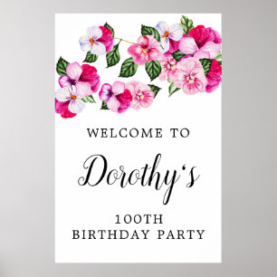 Pink White Floral 100. Geburtstagsparty Willkommen Poster