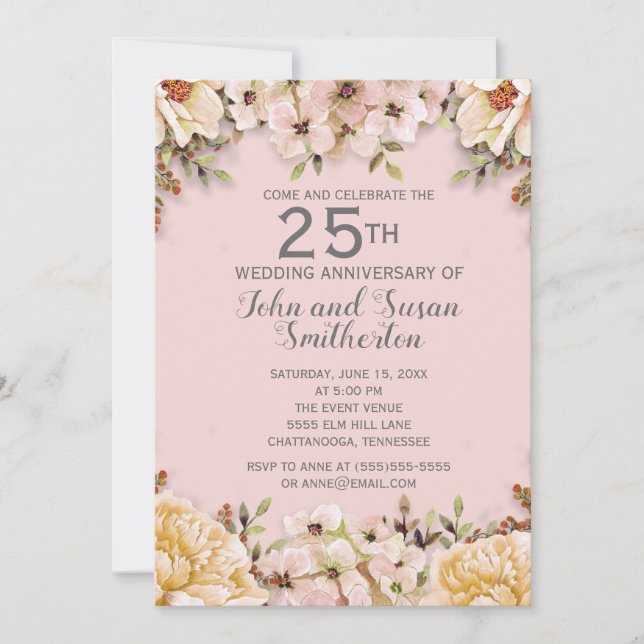 Pink White Floral 25. Hochzeitstag Einladung (Vorderseite)