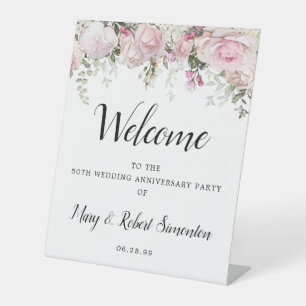 Pink White Floral 50. Hochzeitstag Begrüßung Sockelschild