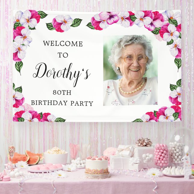 Pink White Floral 80. Geburtstag Willkommen Banner (Party)