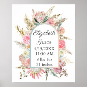 Pink White Floral Baby Geburtsstunde Personalisier Poster