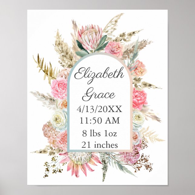 Pink White Floral Baby Geburtsstunde Personalisier Poster (Vorne)
