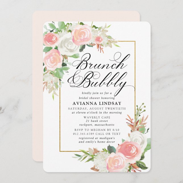 Pink White Floral Bridal Brunch Bubbly Dusche Einladung (Vorne/Hinten)