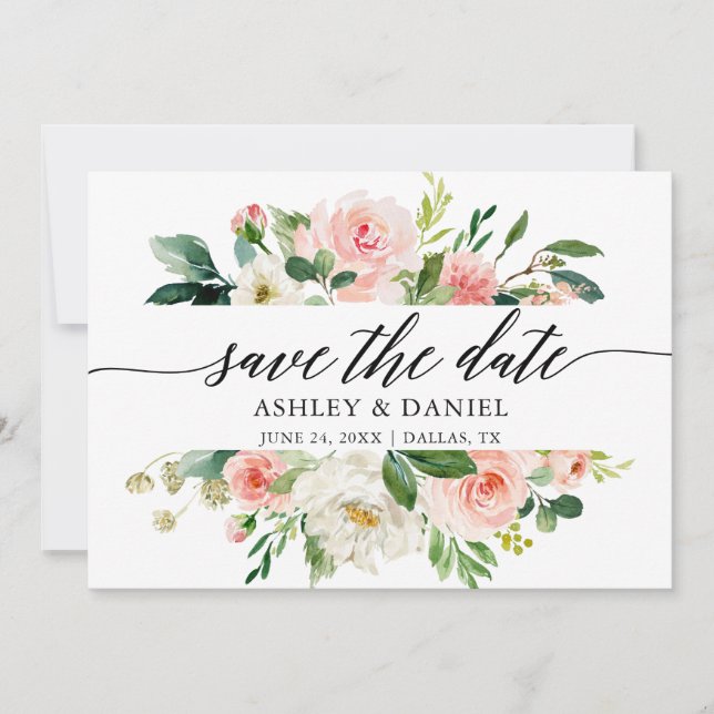 Pink White Floral Calligraphy Save the Date Karte (Vorderseite)