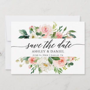 Pink White Floral Calligraphy Save the Date Karte