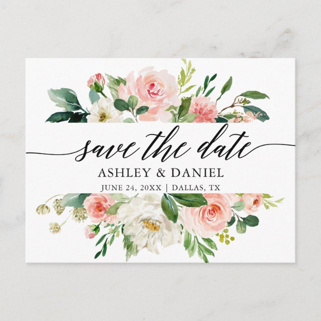 Pink White Floral Calligraphy Save the Date Postkarte (Vorderseite)