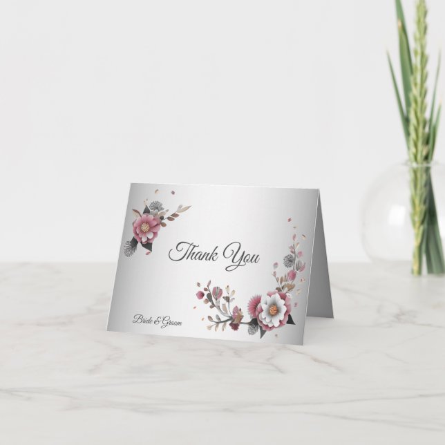 Pink White Floral Danke Karte (Vorderseite)