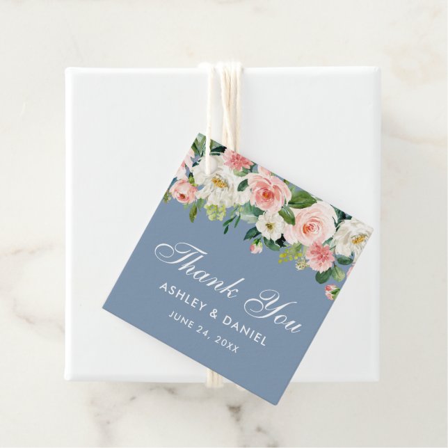 Pink White Floral Dusty Blue Wedding Vielen Dank Geschenkanhänger (Beispiel)