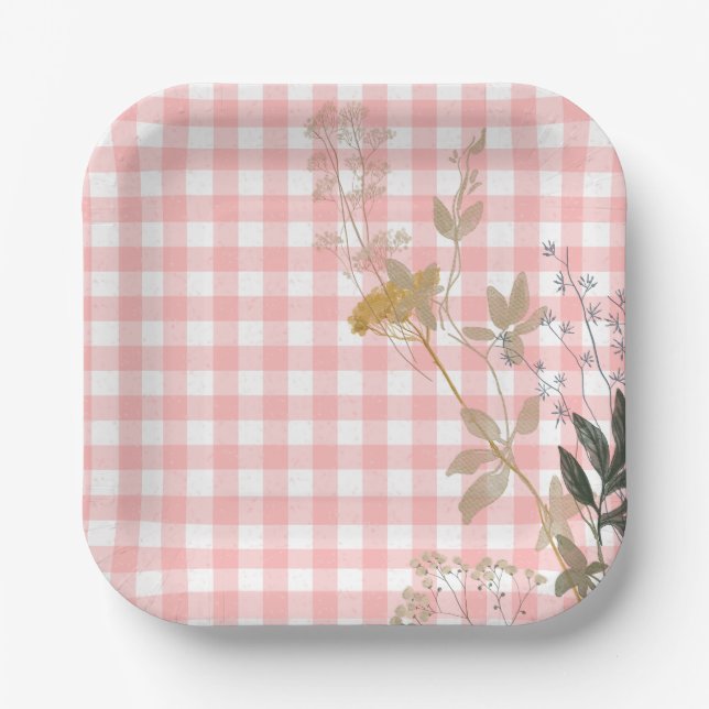Pink White Floral Gingham Kariert Country Farm Pappteller (Vorderseite)