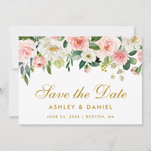 Pink White Floral Gold Save the Date (Vorderseite)