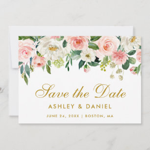 Pink White Floral Gold Save the Date