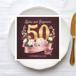 Pink White Floral Golden 50. Hochzeitstag Serviette