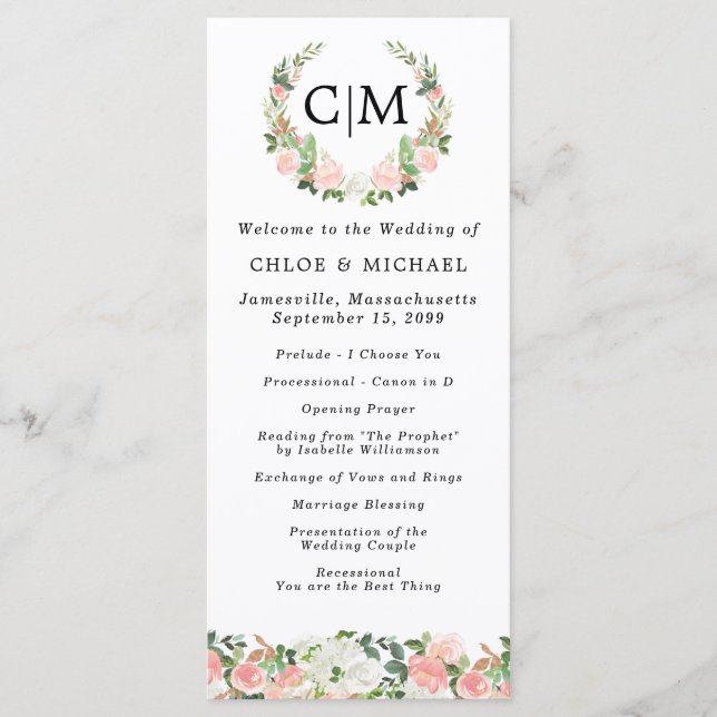 Pink White Floral Monogram Wreath Wedding Program Programm (Vorderseite)