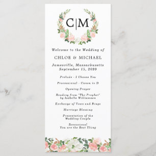 Pink White Floral Monogram Wreath Wedding Program Programm