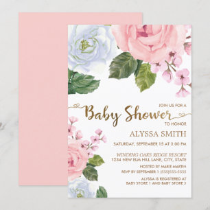 Pink White Floral Rose Elegantes Script Babydusche Einladung