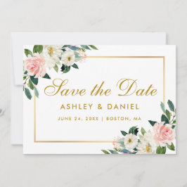 Pink White Floral Save the Date Gold Card