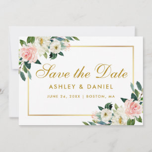 Pink White Floral Save the Date Gold Card