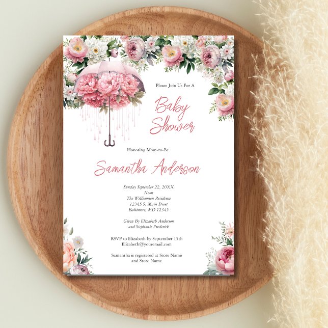 Pink White Floral Umbrella Girl Baby Dusche Einladung (Pink White Floral Umbrella Baby Shower for Baby Girl Invitation)