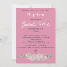 Pink White Floral Watercolor Cross Baptism Einladung