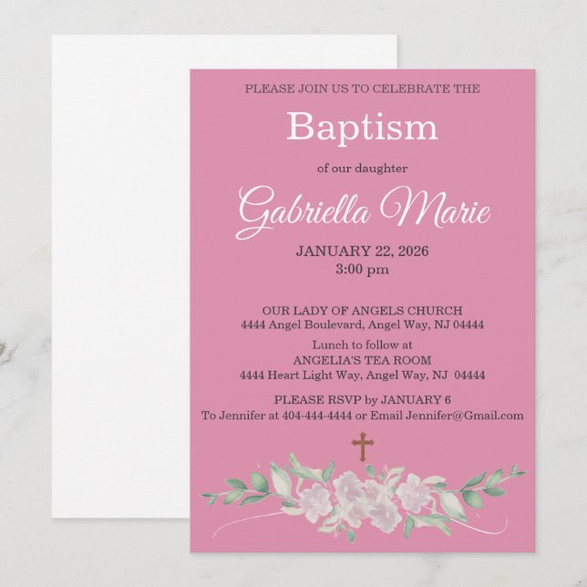 Pink White Floral Watercolor Cross Baptism Einladung (Vorne/Hinten)