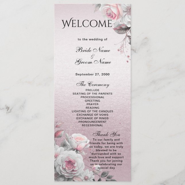 Pink White Floral Wedding Program Programm (Vorderseite)