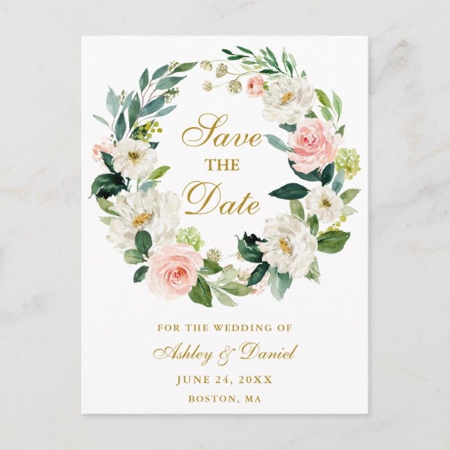 Pink White Floral Wreath Gold Save the Date Ankündigungspostkarte (Vorderseite)