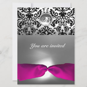 PINK WHITE FUCHSIA DAMASK GEM STONE MONOGRAMM EINLADUNG