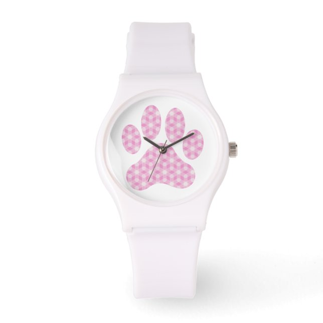 Pink White Geometric Muster Paw Print Armbanduhr (Vorderseite)