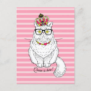 Pink White Geometric Queen Cat Crown Ankündigungspostkarte