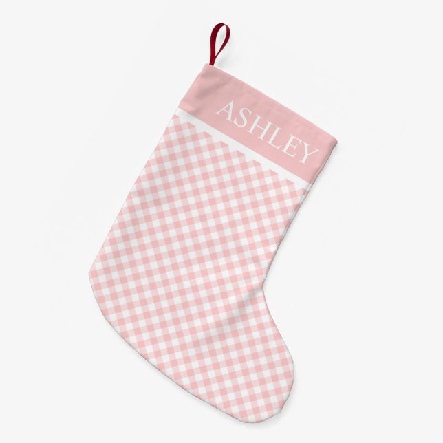 Pink White Gingham Individuelle Name Kleiner Weihnachtsstrumpf (Vorderansicht (hängend))
