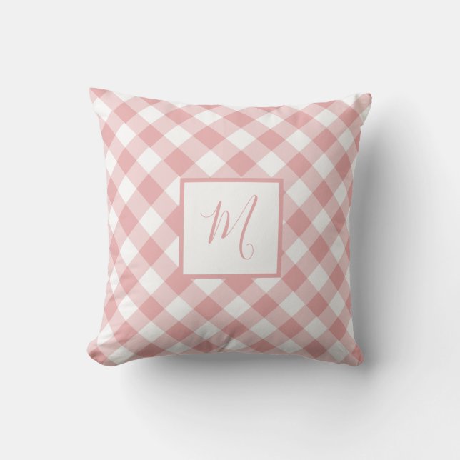 Pink White Gingham Kariert Modern Chic Monogram Kissen (Vorderseite)