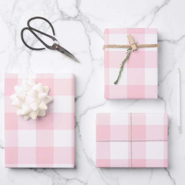 Pink White Gingham Karo Kariert Geschenkpapier Set (Vorderseite)