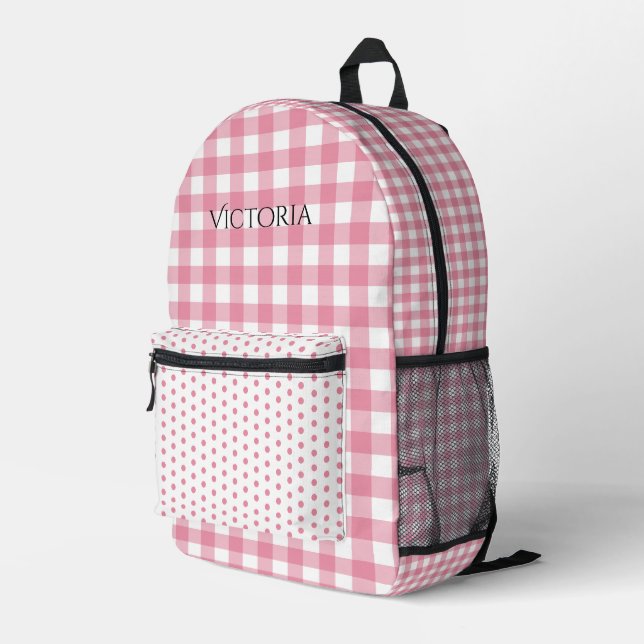 Pink White Gingham Polkadot Personalized  Bedruckter Rucksack (Rückseitige Ecke Rechts)