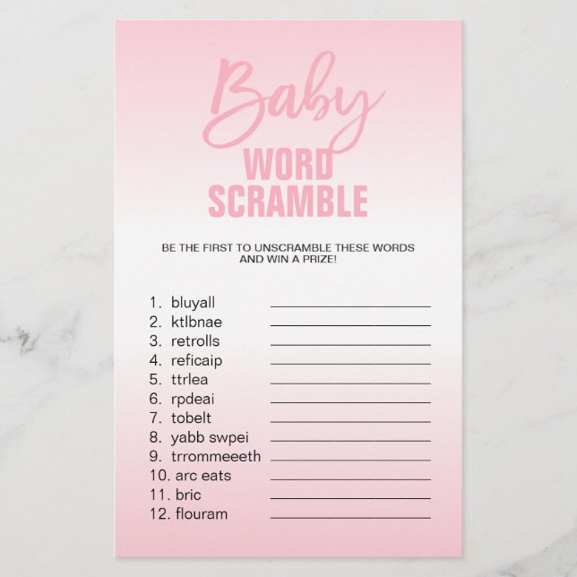 Pink White Girl Baby Dusche WORD SCRAMBLE Flyer (Vorne)