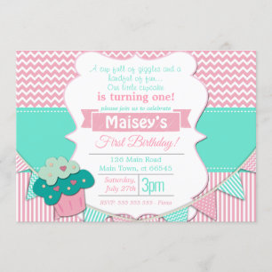 Pink & White Girls Cupcake Blackboard 1. Geburtsta Einladung