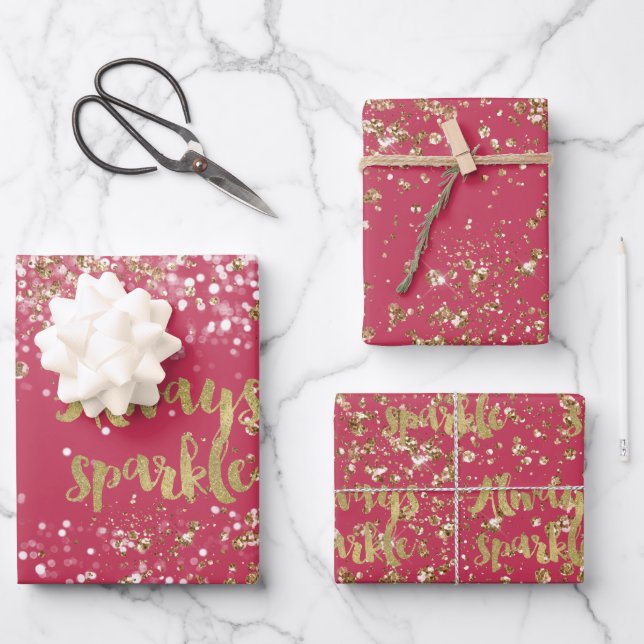 Pink White Gold Confetti Sparkle Geschenkpapier Set (Vorderseite)