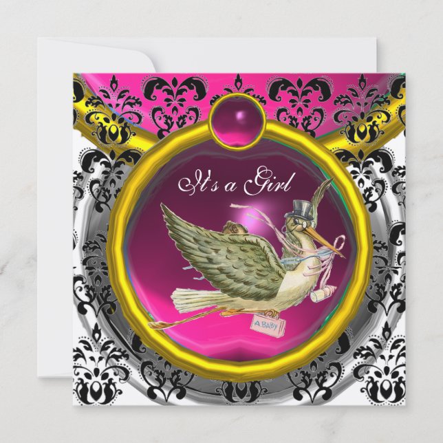 PINK WHITE GOLD DAMASK STORK BABY SHOWM MONOGRAM EINLADUNG (Vorderseite)