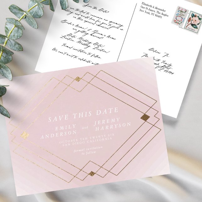 Pink White Gold Deko Lines Save the Date Hochzeit Postkarte (Von Creator hochgeladen)