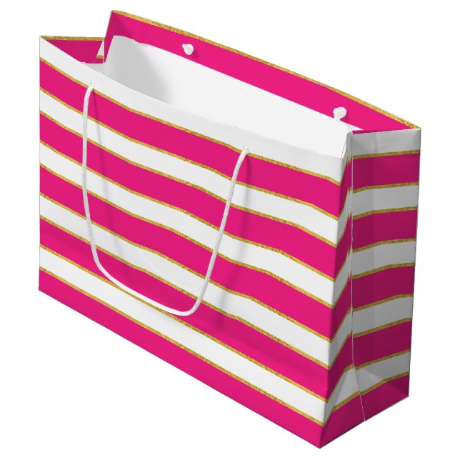PINK WHITE GOLD STRIPES GROßE GESCHENKTÜTE (Vorderseite Schrägansicht)