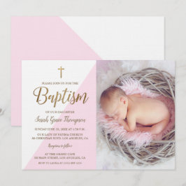 Pink White Gold Taufe Baby Girl Foto Einladung